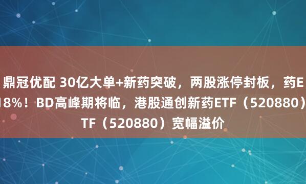 鼎冠优配 30亿大单+新药突破，两股涨停封板，药ETF劲涨2.18%！BD高峰期将临，港股通创新药ETF（520880）宽幅溢价
